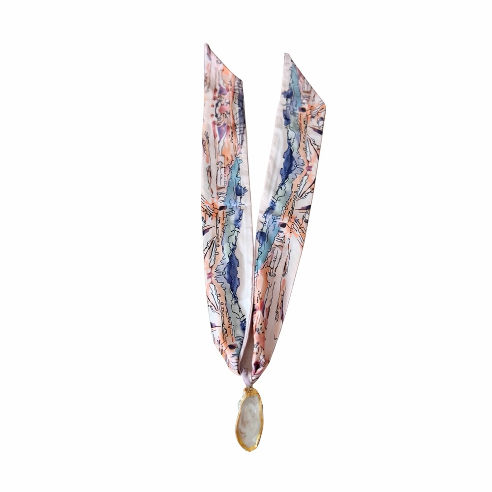 Elegant Multicolor Silk Scarf with Oyster Pendant